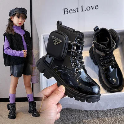 Girls Martin Boots New Single Fashion Girls British Style Short Boots Children Plus Cashmere Boots 2023 Unisex Shoes Opp Bag