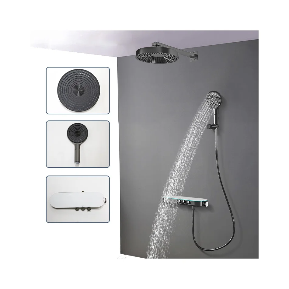 Smart shower faucet gun metal gray mixer set bathroom in wall built in hidden concealed shower system