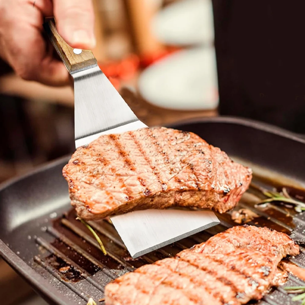 Stainless Steel Grill Tools Kitchen Frying Shovel Cooking Turner Flat Shovel Steak BBQ Spatula with Wood Handle