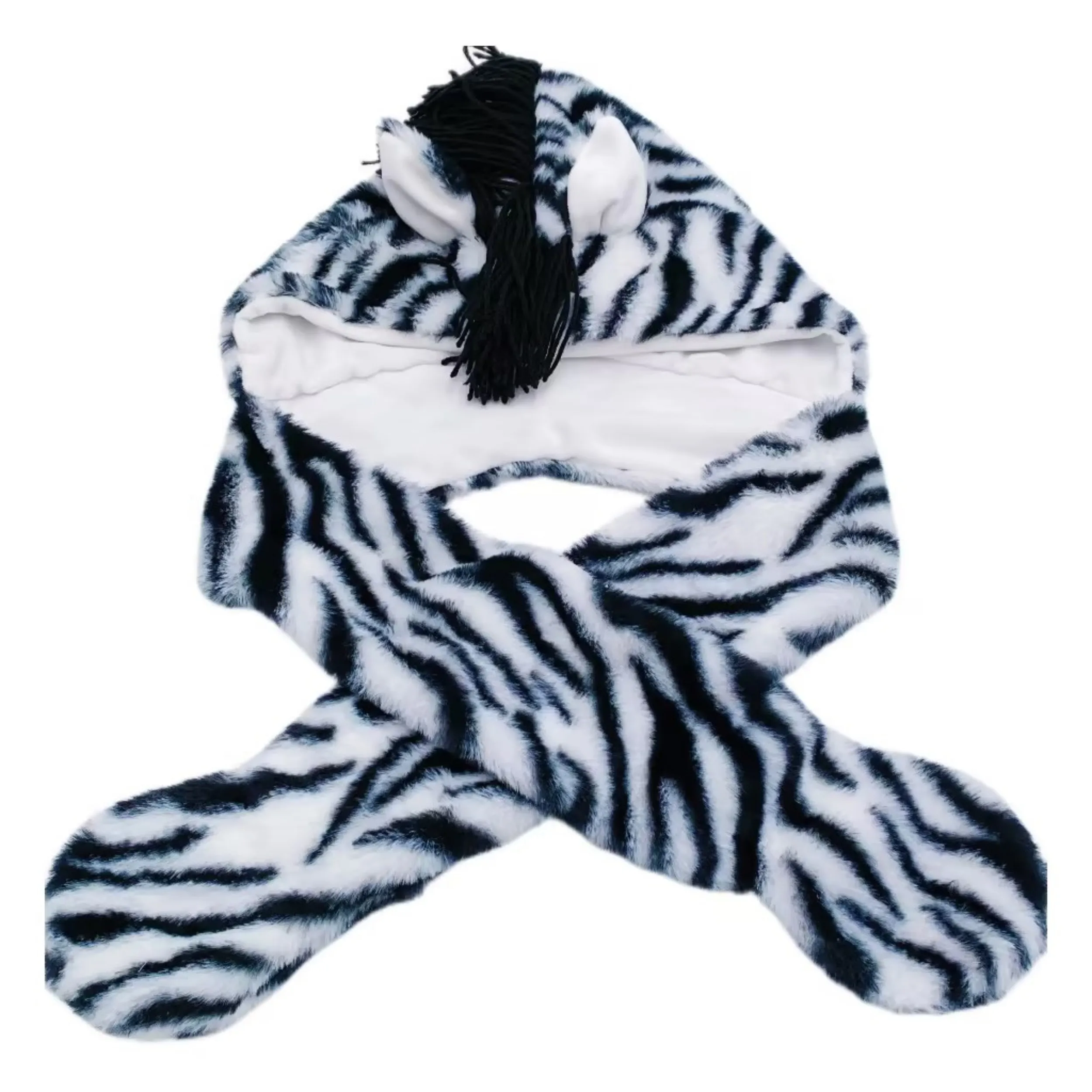 Furry Bunny Black And White Animal Kids Girls Adult Fur Winter Warm Long Scarf Plush Hat Mittens Gloves Zebra