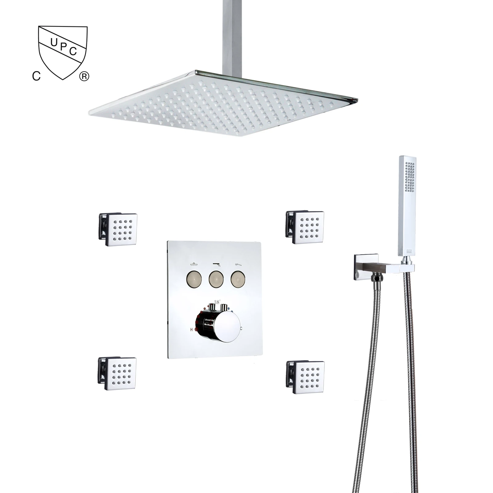 CUPC Ceiling LED Shower Set 10inches Bathroom SPA Rainfall Shower Head System Thermostatic Push Button Panel Mixer Faucets