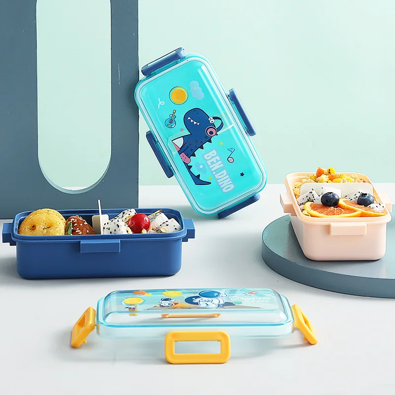 Plastic Lunch Box, Microwave-Safe Leak Proof Bento Box, 2 Compartments Cute Cartoon for Kids and Adults