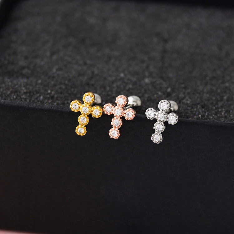 Hot sale Stainless steel silver gold rose gold 20G Cross Zircon Tragus Daith Conch Helix Cartilage Piercing earring