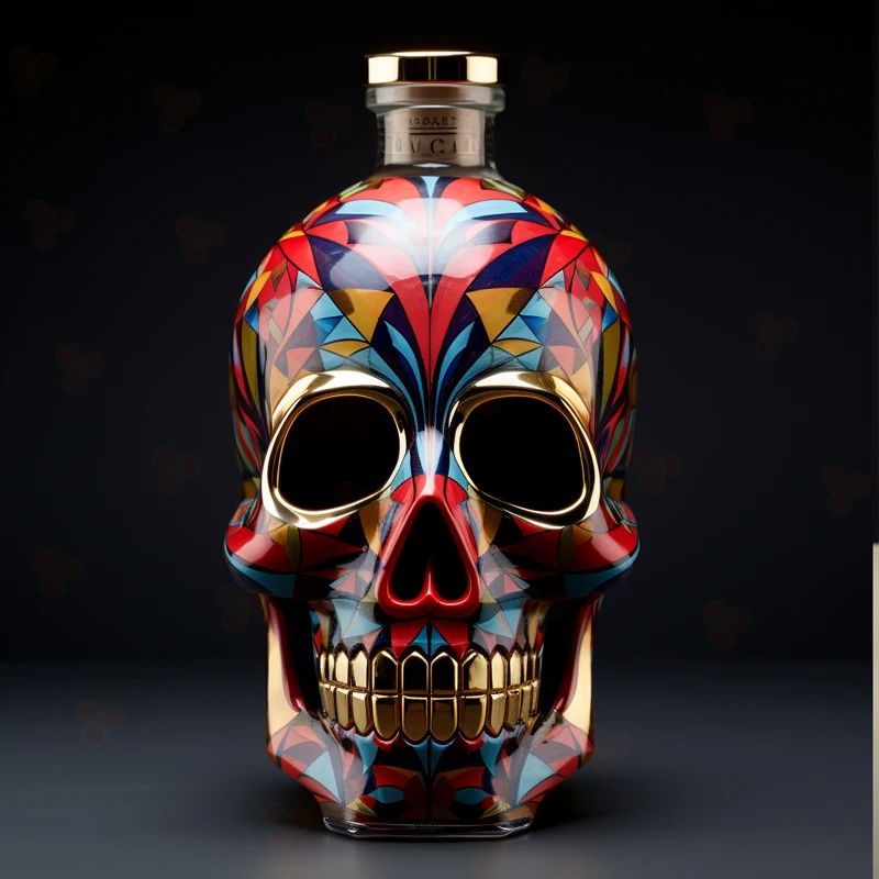 New Design Skull Calavera Shaped Glass Bottle For Tequila Whiskey Screen Printed Skull Label Covers