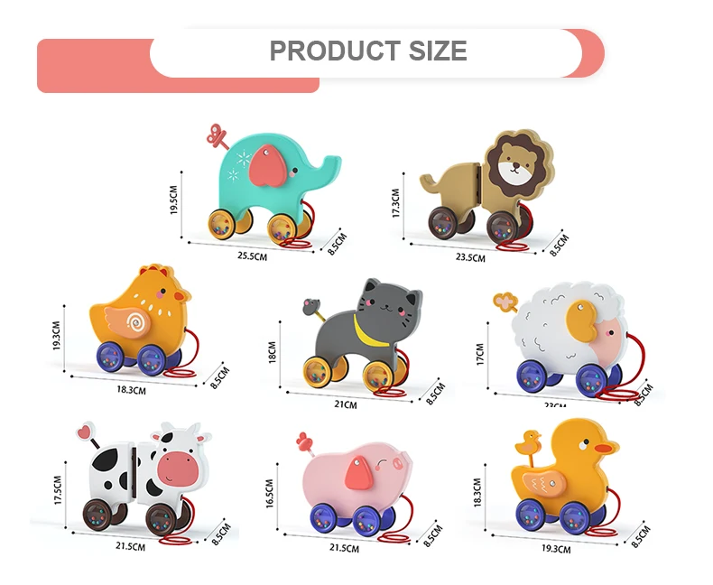 2021 wholesale new design wooden dragging animals toys baby guidance toy cartoon drag pull string toy