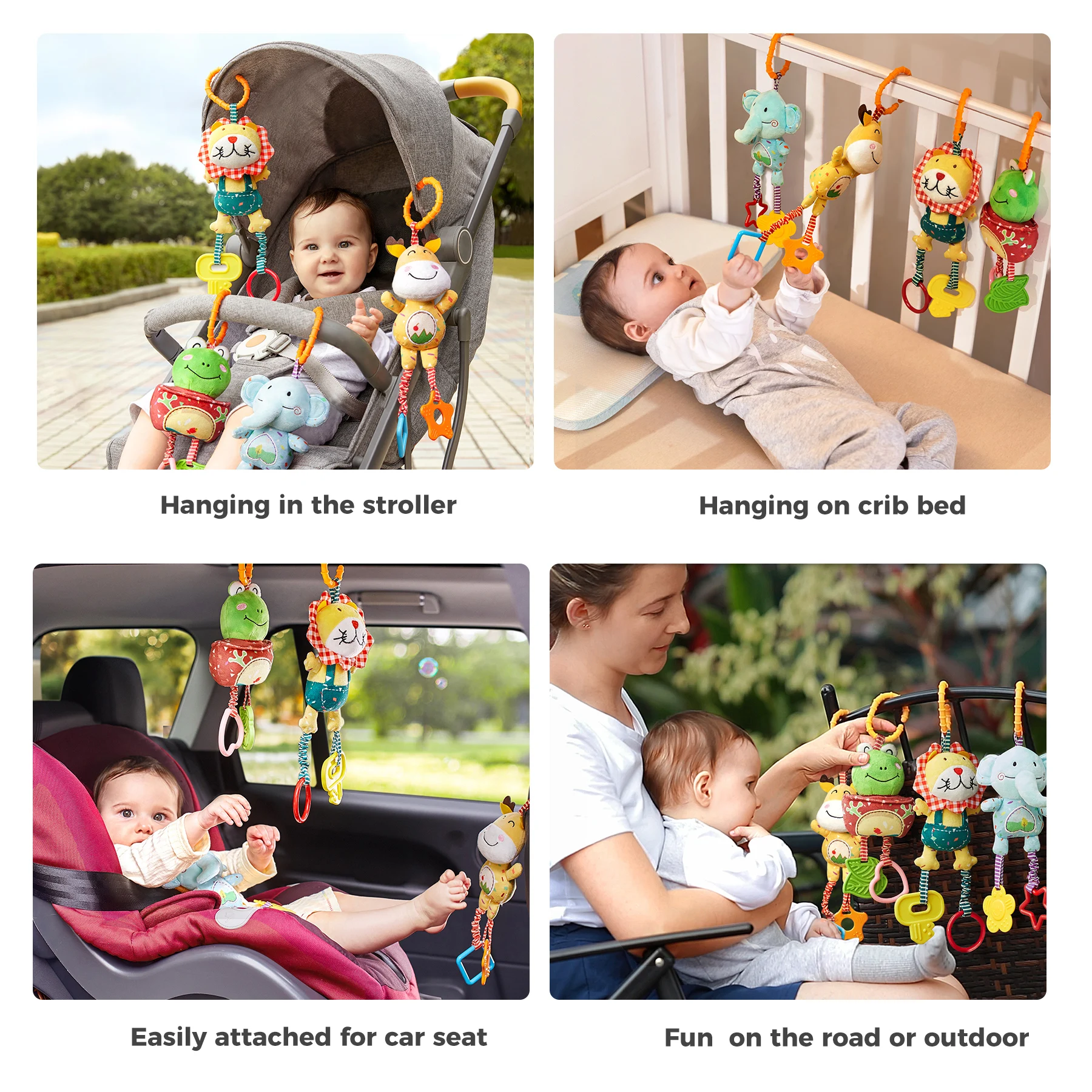 Tumama Kids Plush Hanging Rattle Toys Cute Animals Deer Elephant Lion Frog Sensory Soft Baby Toys for Newborn Stroller Crib Car
