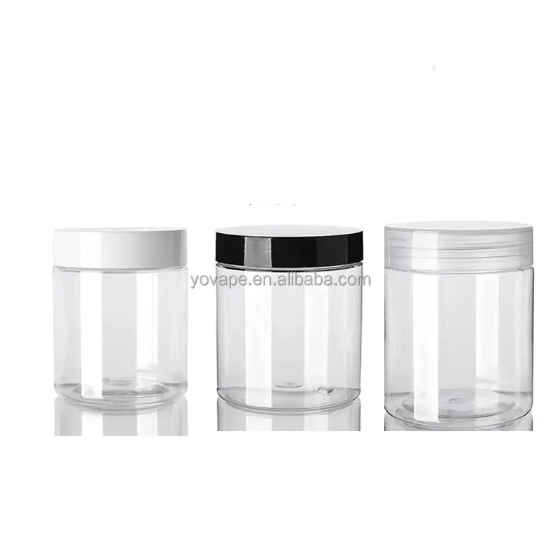 Clear pet plastic square body scrub jars container 100 gr 200gr 250g 250ml pot cream cosmetic jar with seal black/white lids
