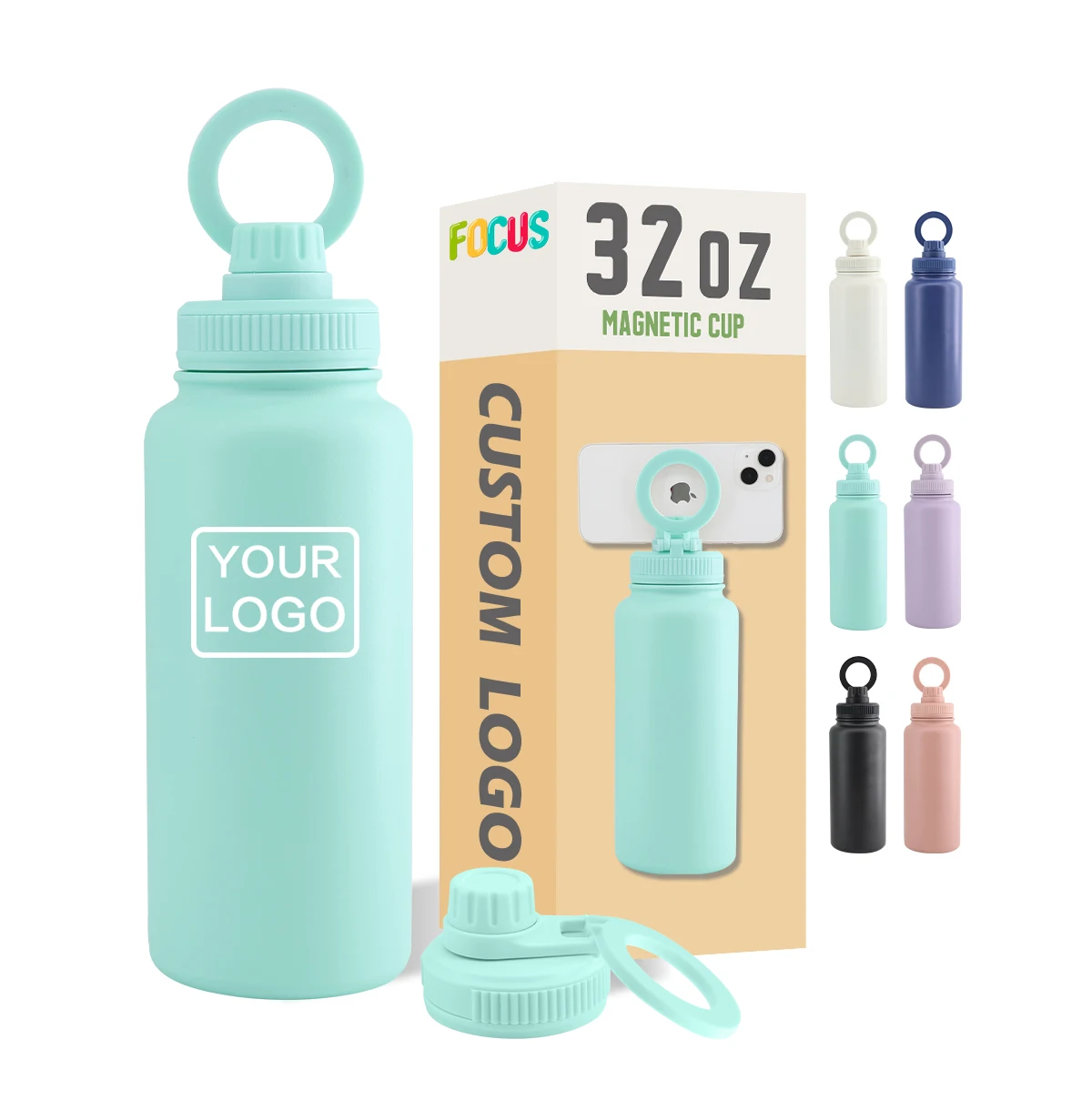 Custom 32oz Magnet Ring Double Wall Insulated Thermos Flask Water Bottle with Magnetic Phone Holder Booster Ring Lid and Straw