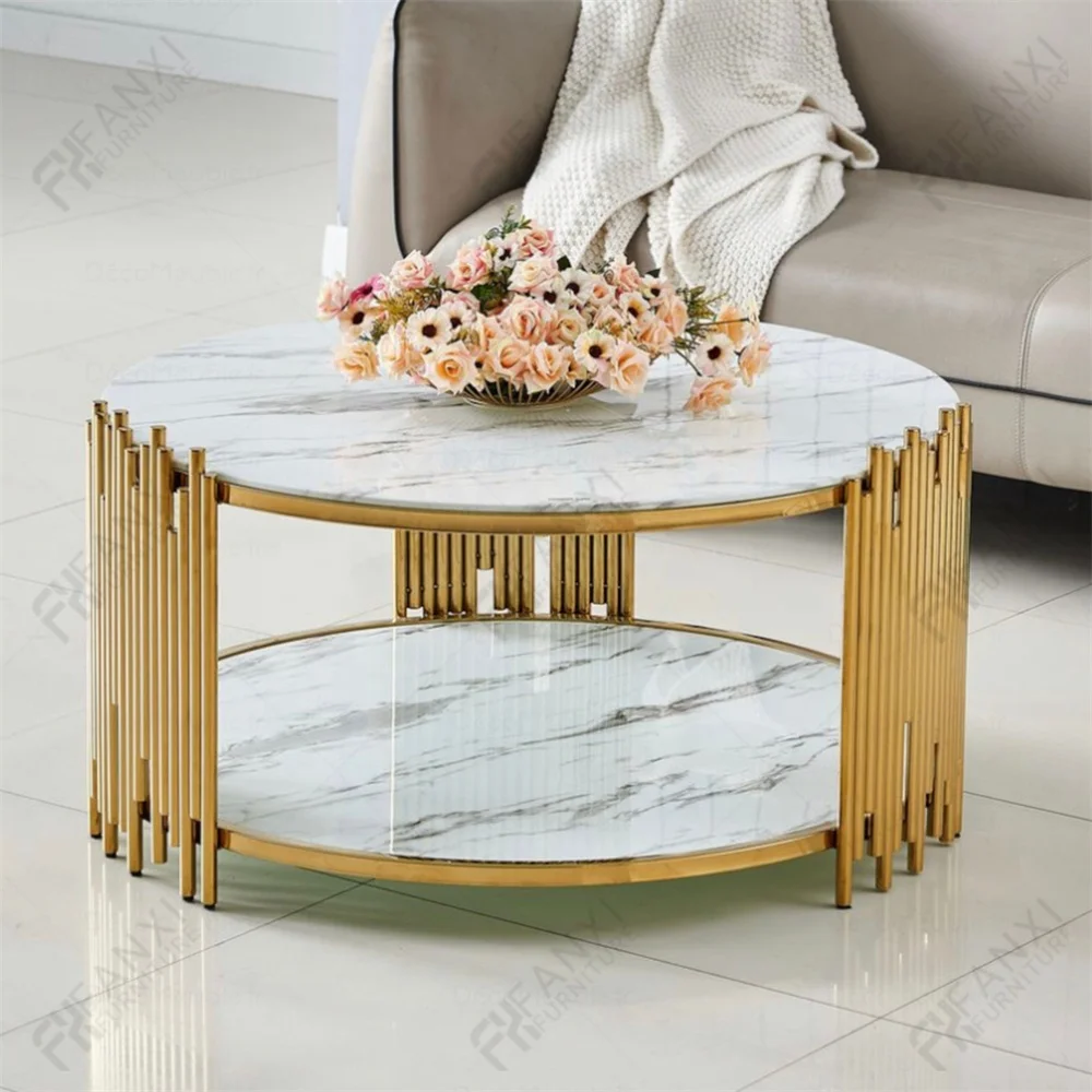 Living room furniture gold stainless steel coffee table glass top round luxury modern coffee table coffee tables