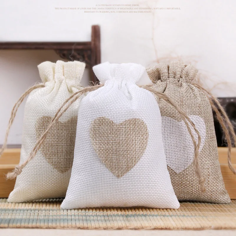 Heart Shape 10x14CM Wedding Gift Bags Jewelry Bag Trendy White Natural Linen Drawstring Wedding Favor Bags Pouch
