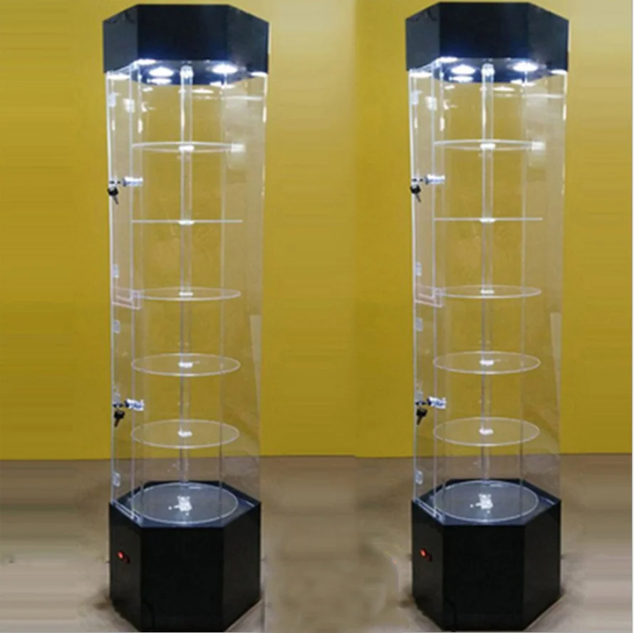 EXCEL Cheap Acrylic 5 Layer Glass Cases Hexagonal Shop Display Shelf  Revolving Showcase Display Cabinet with LED Light