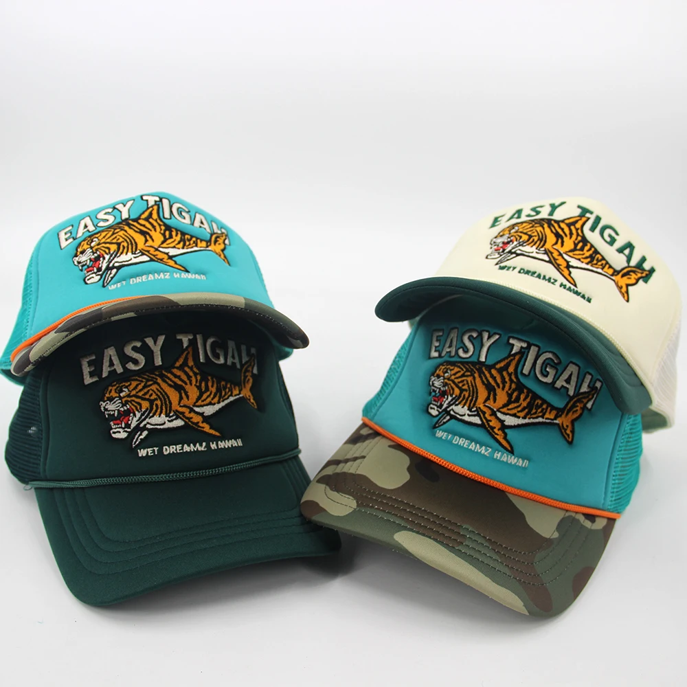 Manufacturer High Quality Tiger Shark Trucker Caps Hats Casual Caps Custom Embroidered Logo Mesh Rope Cap Trucker  Gorras
