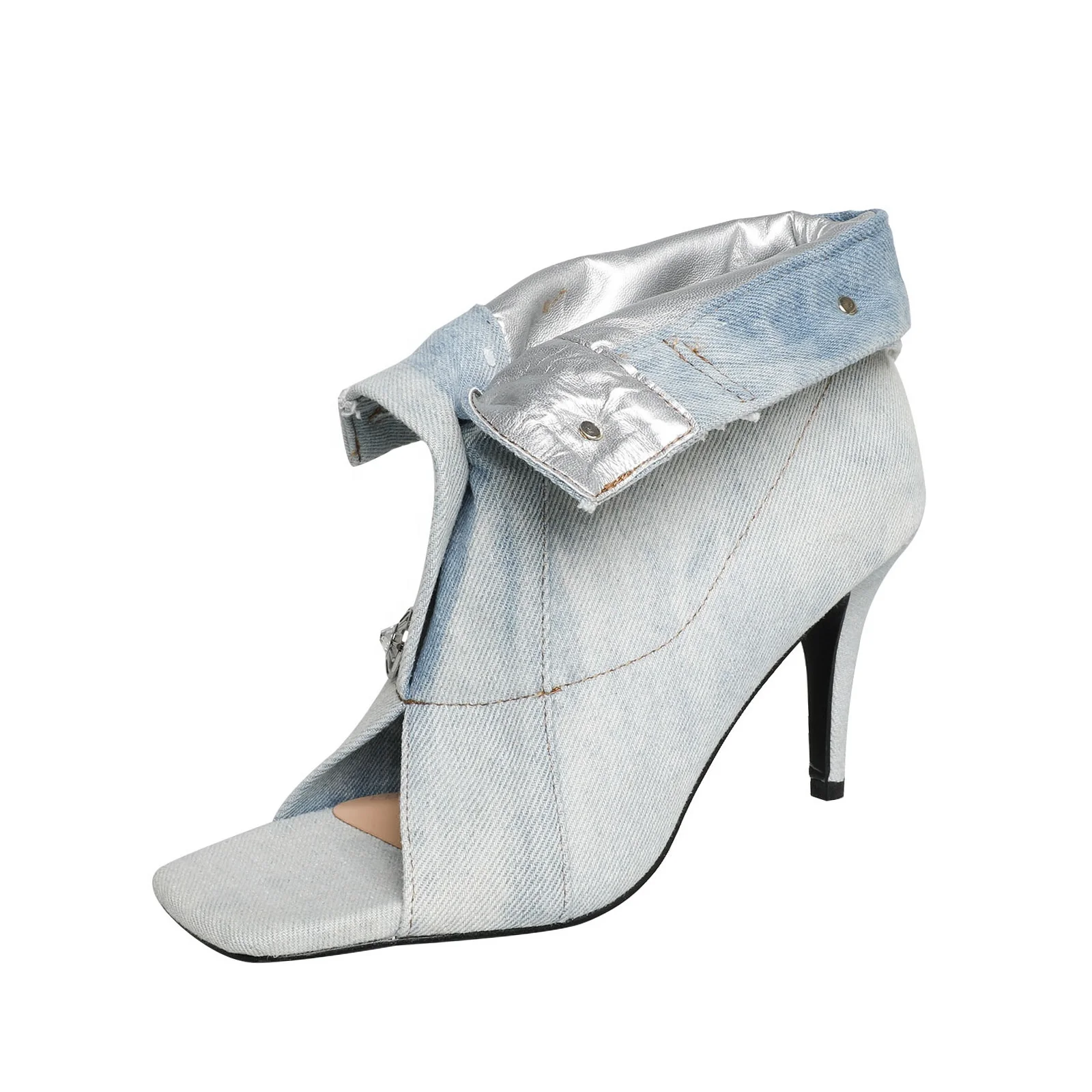 Summer Square Open Toe High-Heeled Short Boots Denim Ankle Booty Women Stiletto Sandals Front Buckles Jeans Shoes
