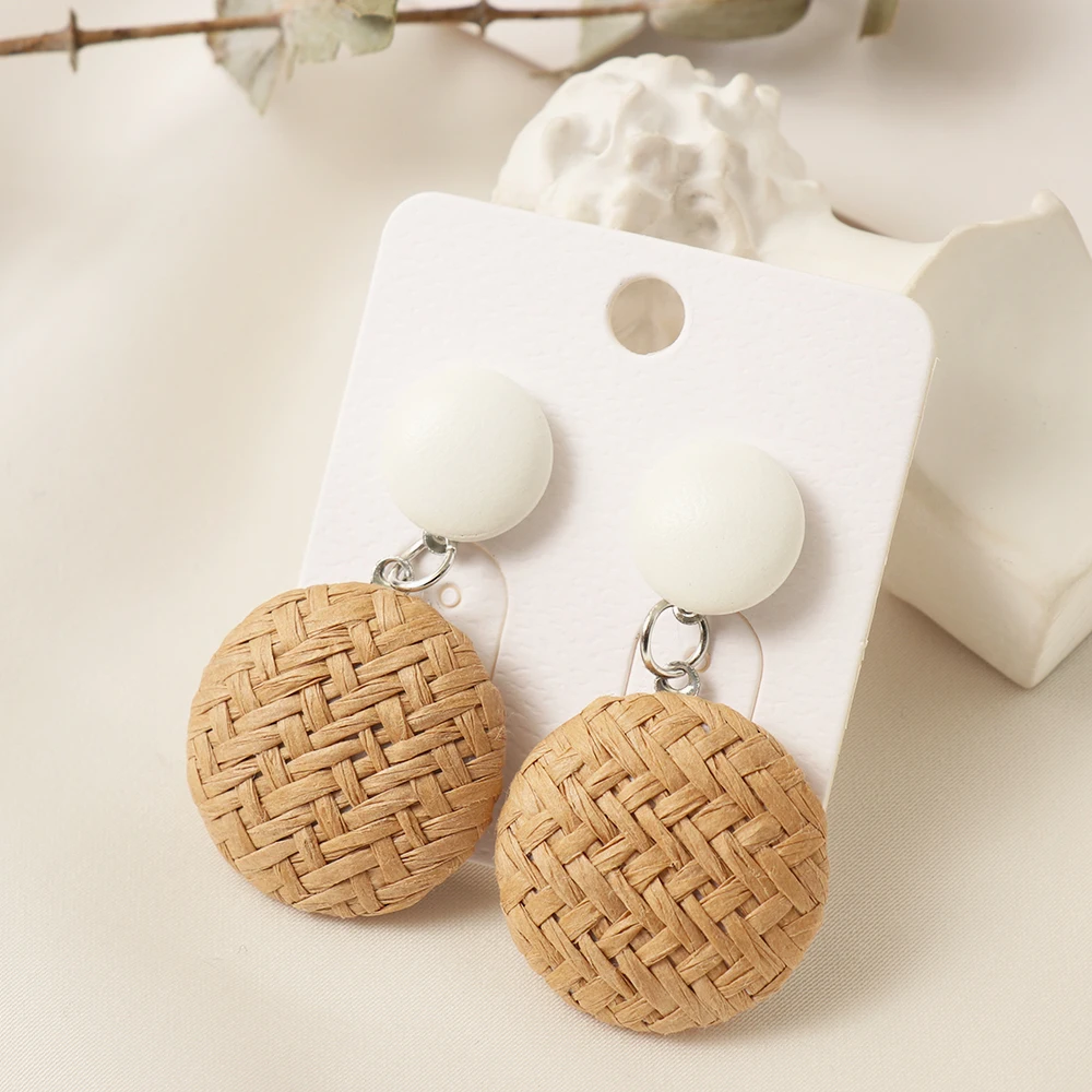 
Handmade Bohemian Wooden Rattan Wicker Straw Drop Earrings for Women Girls Vintage Geometric Statement Earrings piercing brincos 