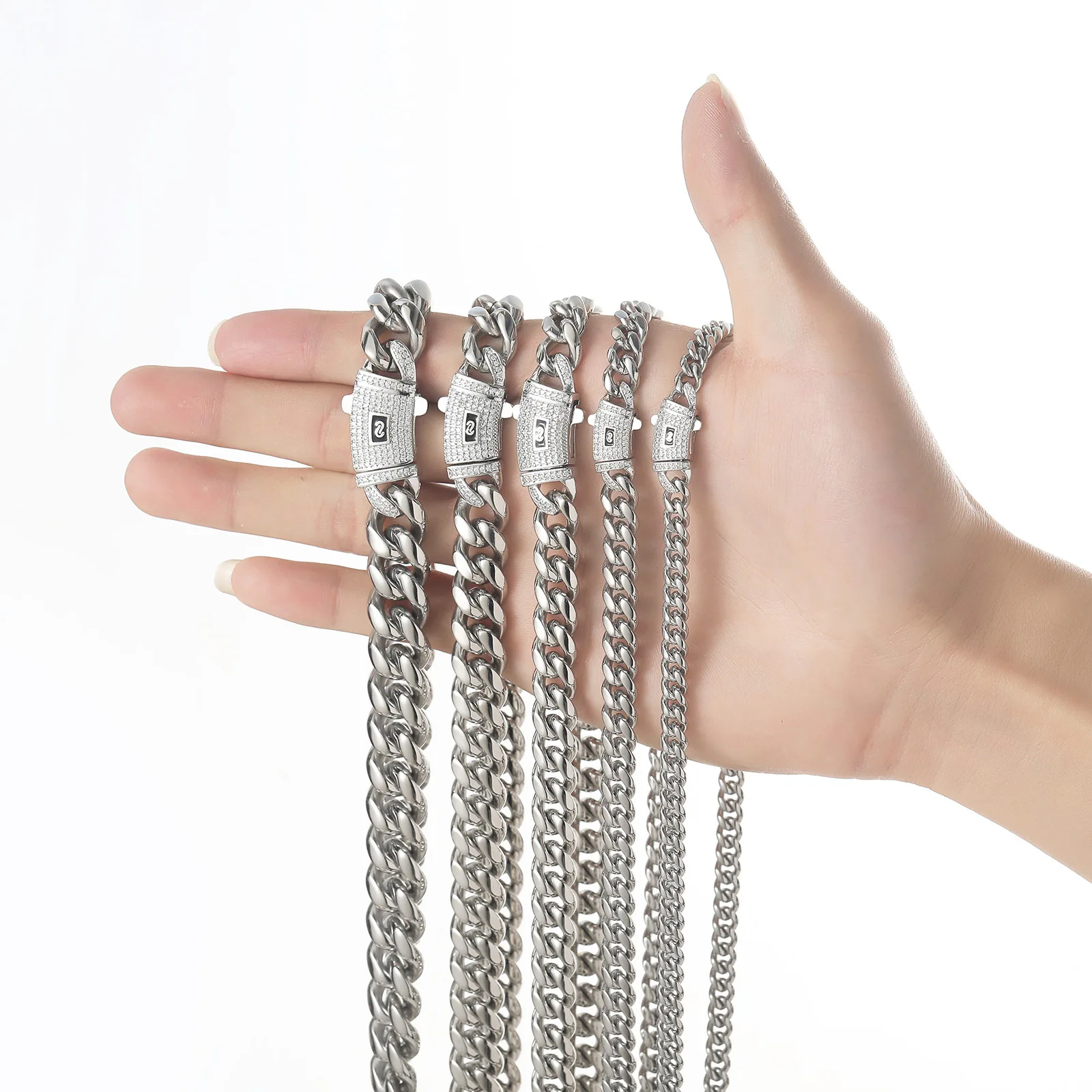 Hip Hop 6-14mm wide necklace stainless steel round grinding encrypted Cuban chain 14K18K titanium steel man bracelet