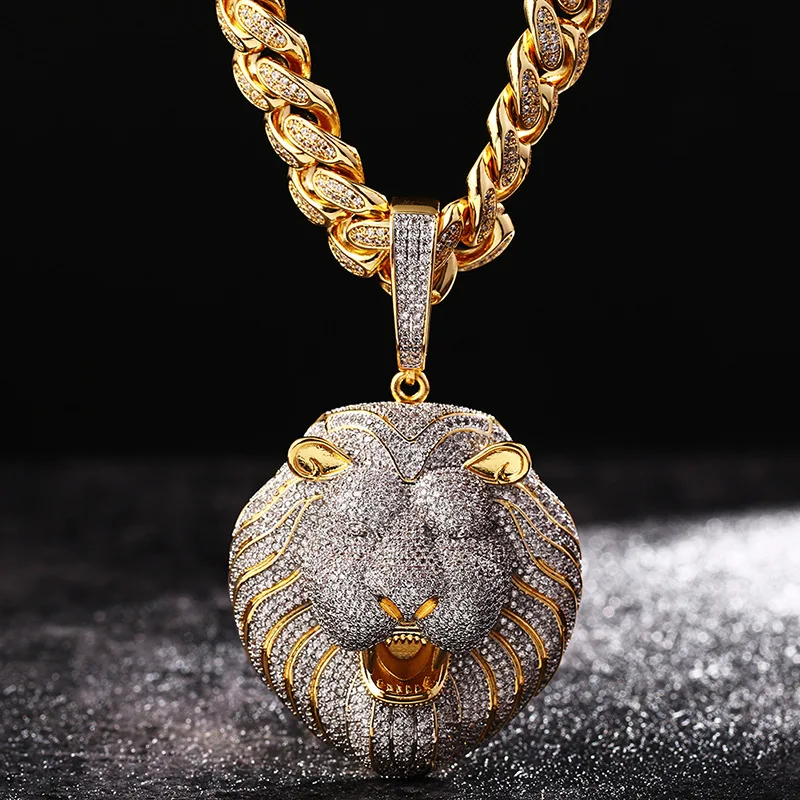 High Quality Two-Color Hip Hop Jewelry Iced Out Cuban Necklace Micro Pave Cubic Zirconia Gold Plated Lion Head Pendant