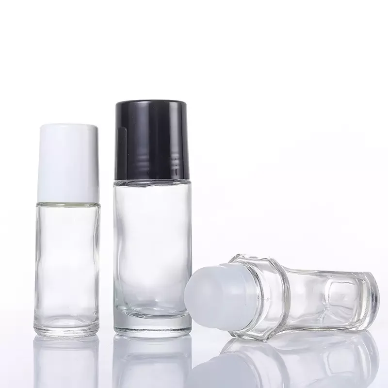 Wholesale empty round shape back lid clear frosted amber color glass essential oil roller bottle 50ml