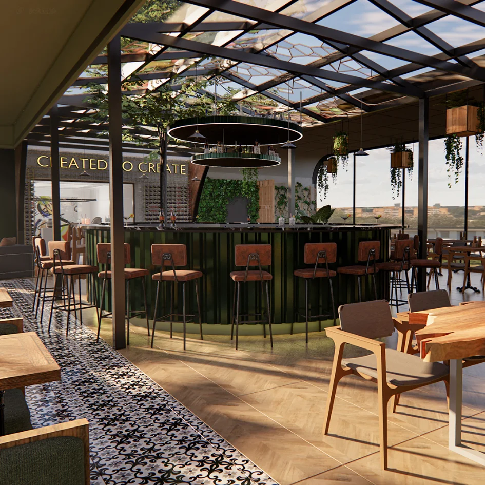 Modern PUB interior decoration display custom forest style bar table round marble wooden restaurant bar counter
