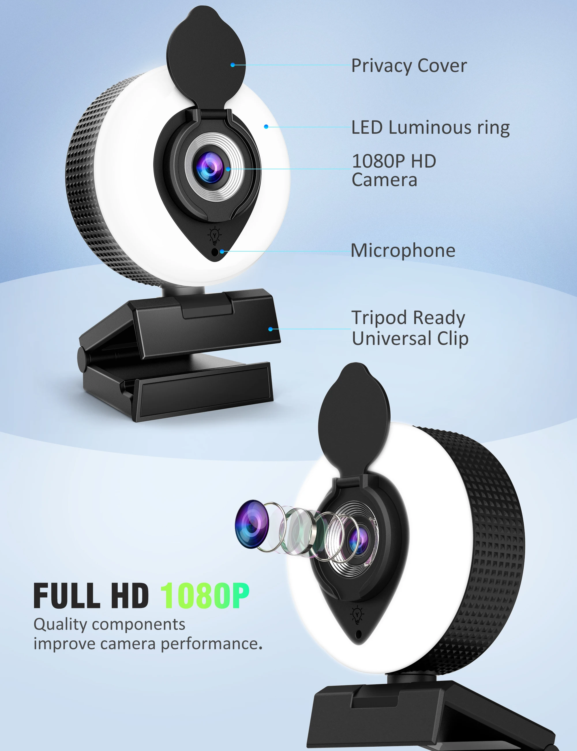 Hot Sale Autofocus Conference 1080p 30fps Pc Camera Full Hd Usb Webcam Cover Camera With Ring Light