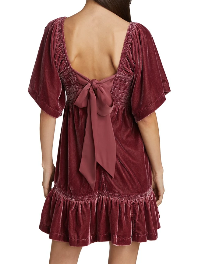 2022 Summer Trending Casual Women Short Sleeve Backless Smocked Ruffle Velvet Mini Dresses with Bow Tie