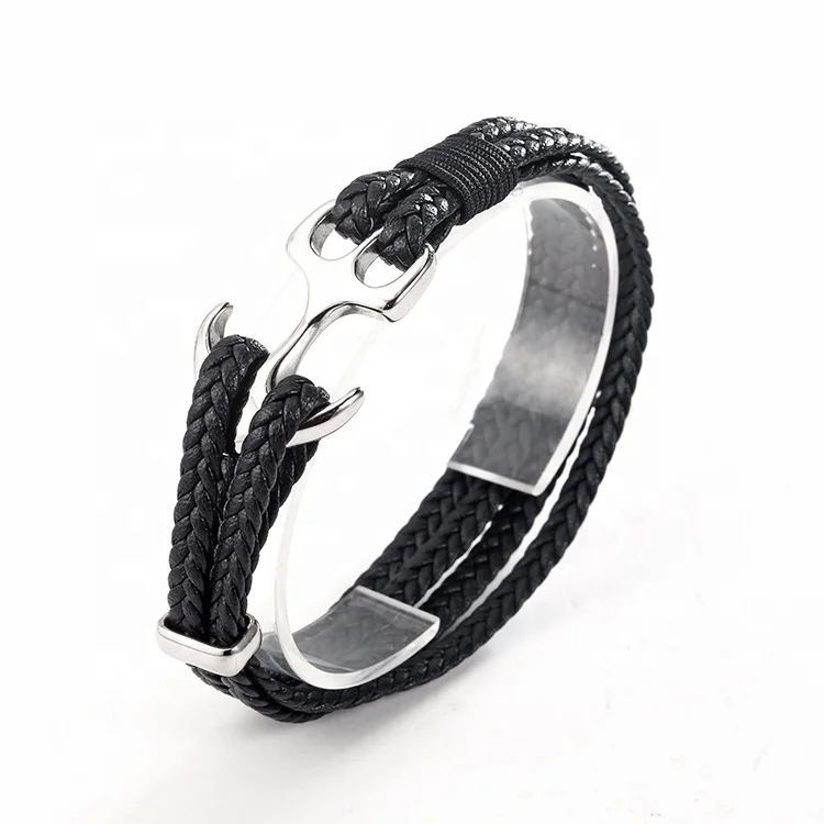
Fashionable Jewelry Double Layers Stainless Steel Hook Anchor Black Braided Genuine Leather Bracelet 