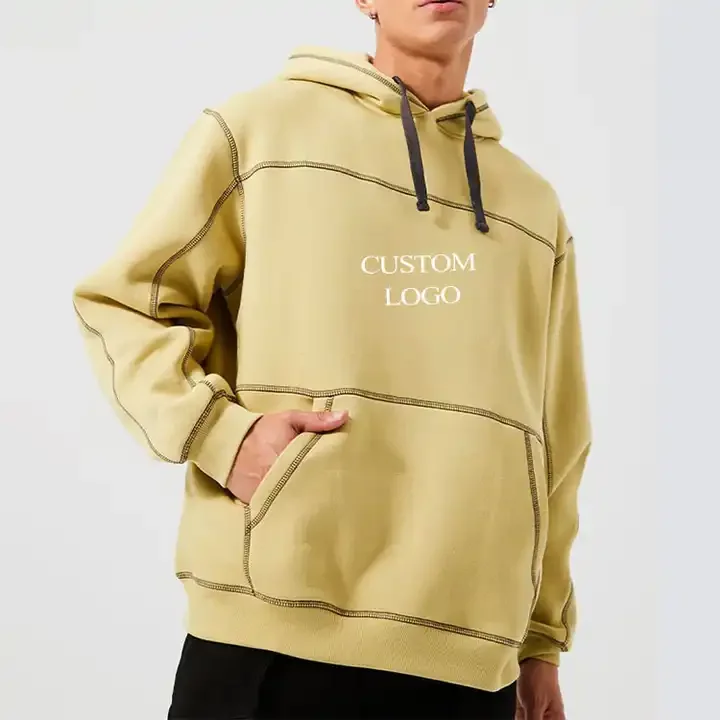 Wholesale High Quality 500gsm Heavyweight Fleece Relaxed Fit  Mens Drop Shoulder Contrast Stitch Hoodie With String