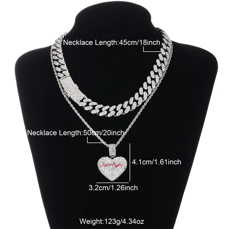 Wholesale Hip Hop Personality Heart Shaped Pendant Necklace Zinc Alloy Cuban Chain Iced Out Jewelry Unisex