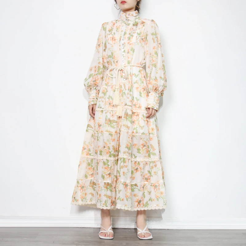 CHICEVER Stand Collar Single Breasted Long Sleeve Lace Up Gathered Waist Fold Hem Dress