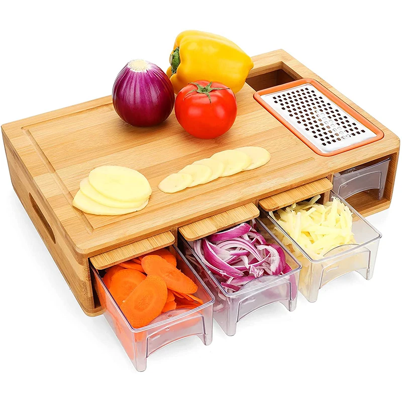 Bamboo Cutting Board with Drawers  Large Chopping Board with Juice Grooves Easy-Grip Handles & Food Sliding Opening  Carving Bo