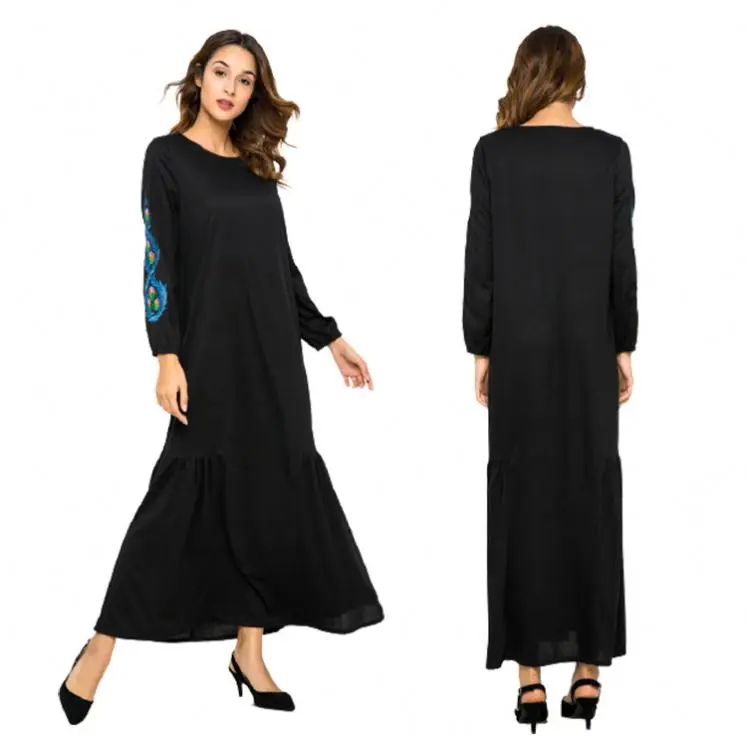 
Women summer Latest style wholesale simple elegant embroidery Floral long sleeve abaya muslim Arabic Islamic maxi dress women 