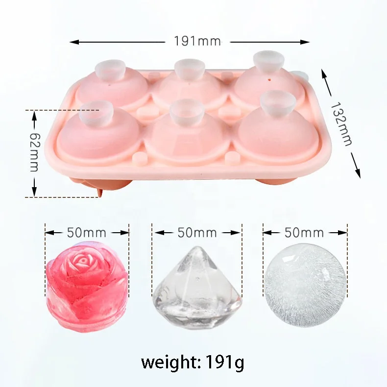 6 Holes Food Grade Rose Diamond Iced Making Mould Custom Logo Silicone Ice Cube Tray Pink Ice Ball Mold