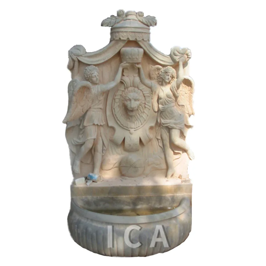 High quality hand carved yellow marble wall fountain with woman and boy statue for outdoor and indoor decorative