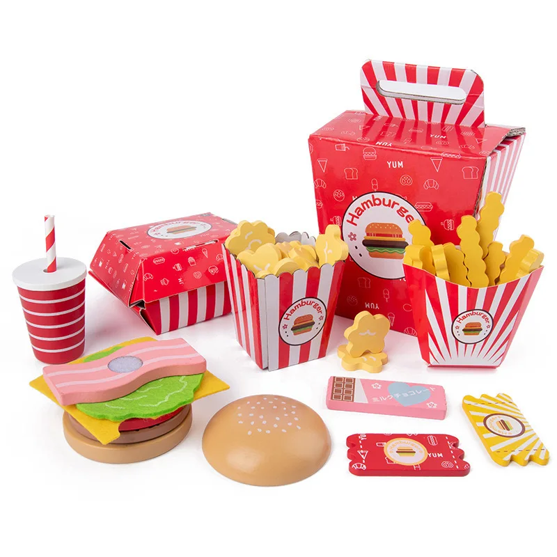 Children simulate wooden fast food Burger and fries set Educational toys for children Artificial food toy