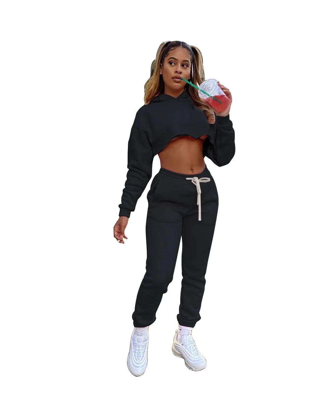 
2021 New Arrivals Fashion Plus Size Women Casual Hooded Long Sleeve Crop Waist Drawstring Pants Solid 2 Pieces Set Tracksuit 