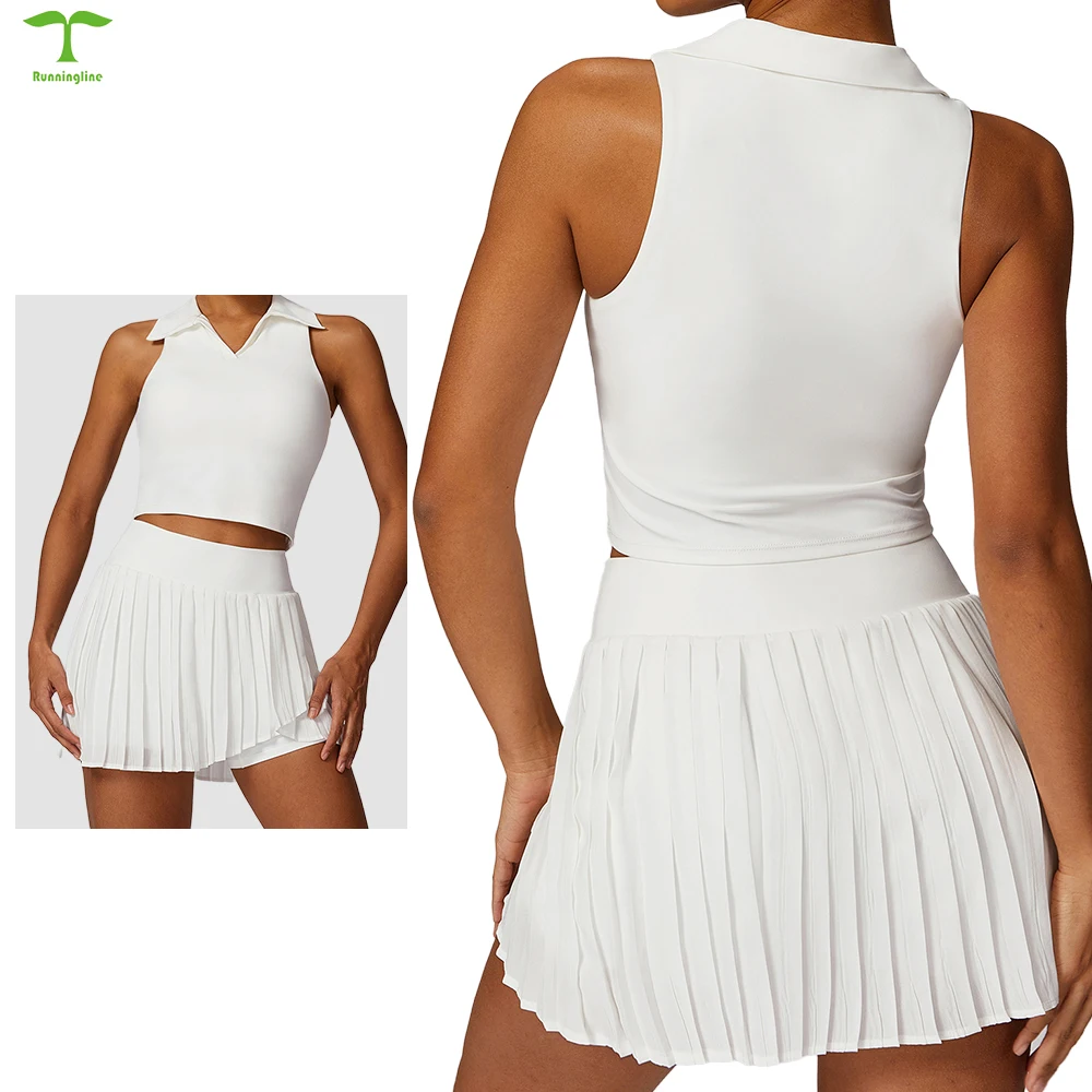 2024 New Style Polar Neck Sports Top Pleated Mini short skirt Set Outdoor Active skirts for women women sportswear
