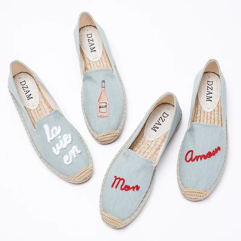 summer beach canvas flat shoes ladies slip on chambray straw espadrilles fashion women loafers