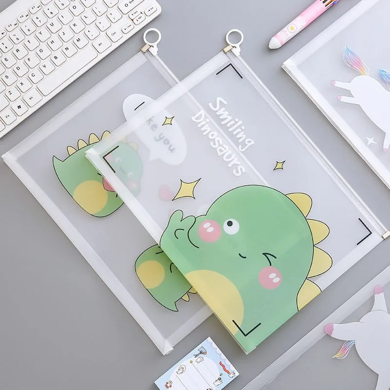 Wholesale Cartoon Dinosaur Transparent File Envelope Bag Pvc Zipper Document Bag Kids Cute School Stationary