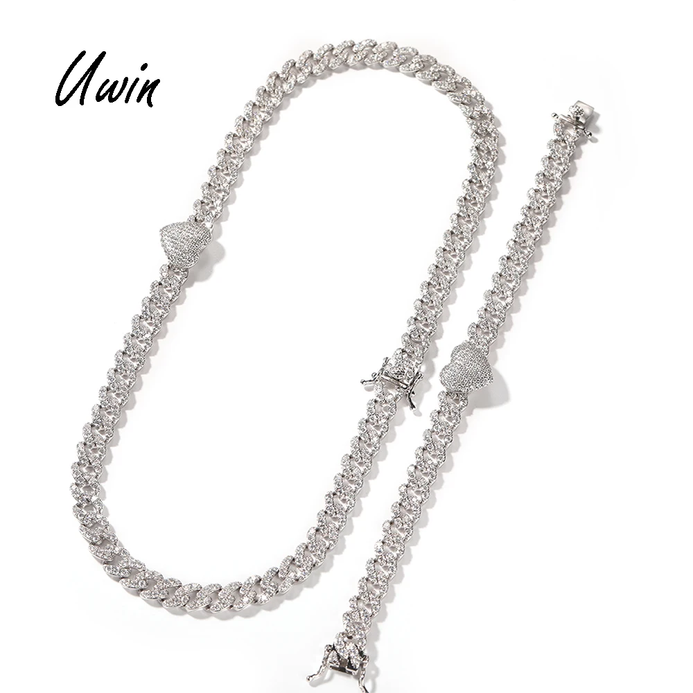 New Fashion 9mm Heart Cuban High Quality Iced Out Bling Link Chain Jewelry Set Necklace Bracelet for Women Man