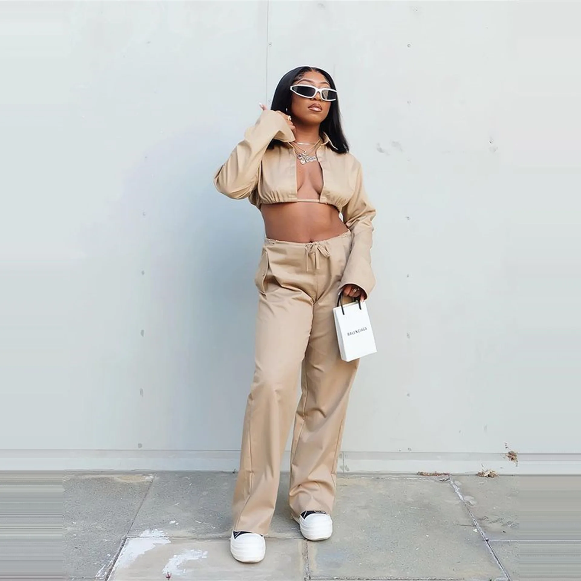 S9812-boutique clothing women solid fall streetwear drawstring shirt and pants sets women