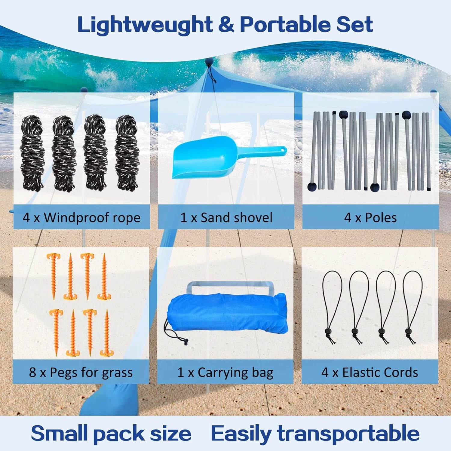 Mingchan OEM Custom Color Protection Vertical Awning Rain Fly Beach Sun Shelter Tarp Sunshade Beach Tent canopy With 4 Poles