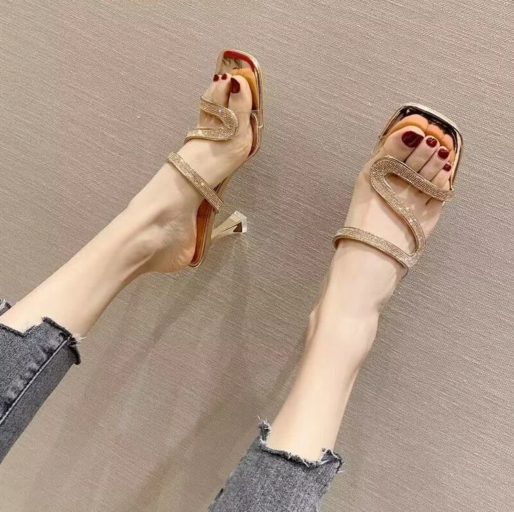 Large Summer New Square Headed High Heels B009 Water Diamond Fish Mouth Slim Heel Sandals