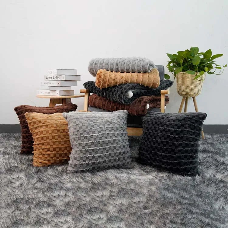 Fluffy Multi Color Plaid Pattern Double SIded Custom 100% Polyester Check Faux Rabbit Fur Blanket