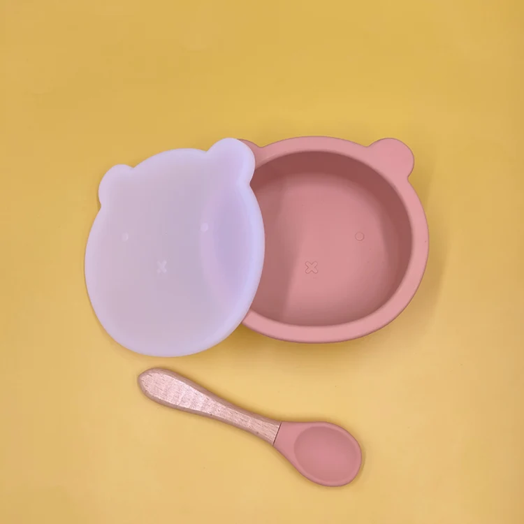 non-toxic non-spill strong suction BABI FOOD BOWL  set feeding bear shape silicone suction bowl with lid and spoon