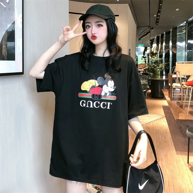 
2021 summer new Korean version loose large size men and women couples Mickey fits Mouse mid-length T-shirt 