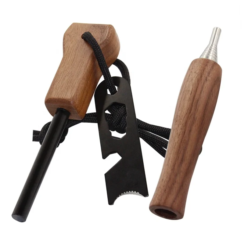 Custom Bushcraft Fire Kits Magnesium Ferro Rod Feuerstarter Kit with Wooden Blower Pipe for Camping