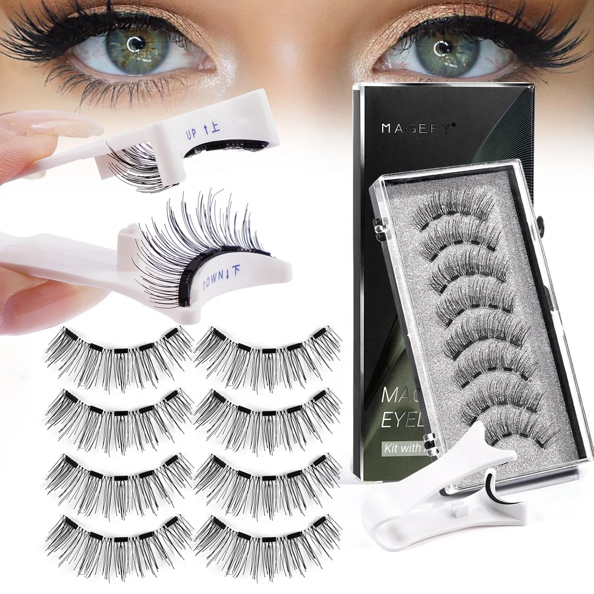MAGEFY private label magnetic false eyelashes custom wholesale clear band dual magnetic eyelashes with applicator set