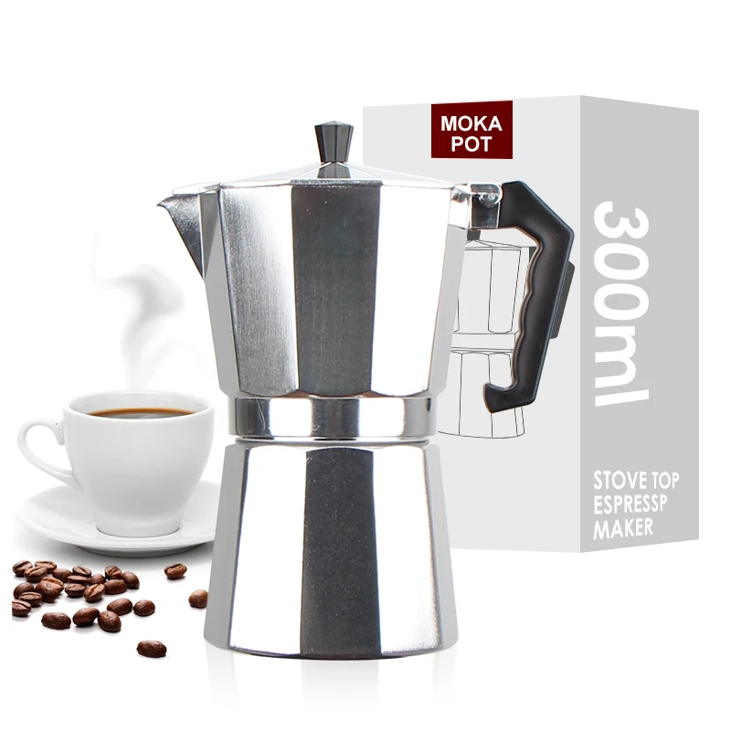 Wholesale Premium Aluminum Alloy Moka Pot Stove-top Wood Grain Handle 6 Cup Espresso Moka Pot