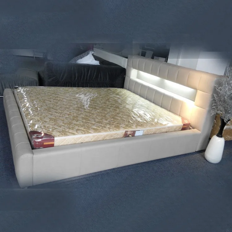 Modern simple and rustic single double LED headboard king size white leather LED bed