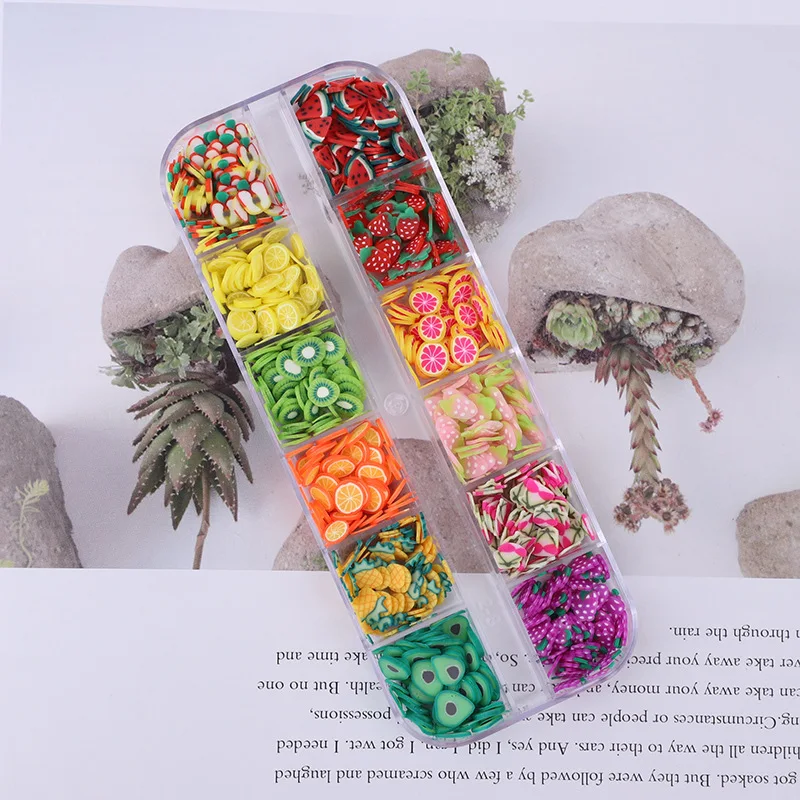 12 Grids Nail Art Designs Summer Fruit Slices Strawberry Apple Avocado Polymer Clay Fimos For Nail Art Decoration