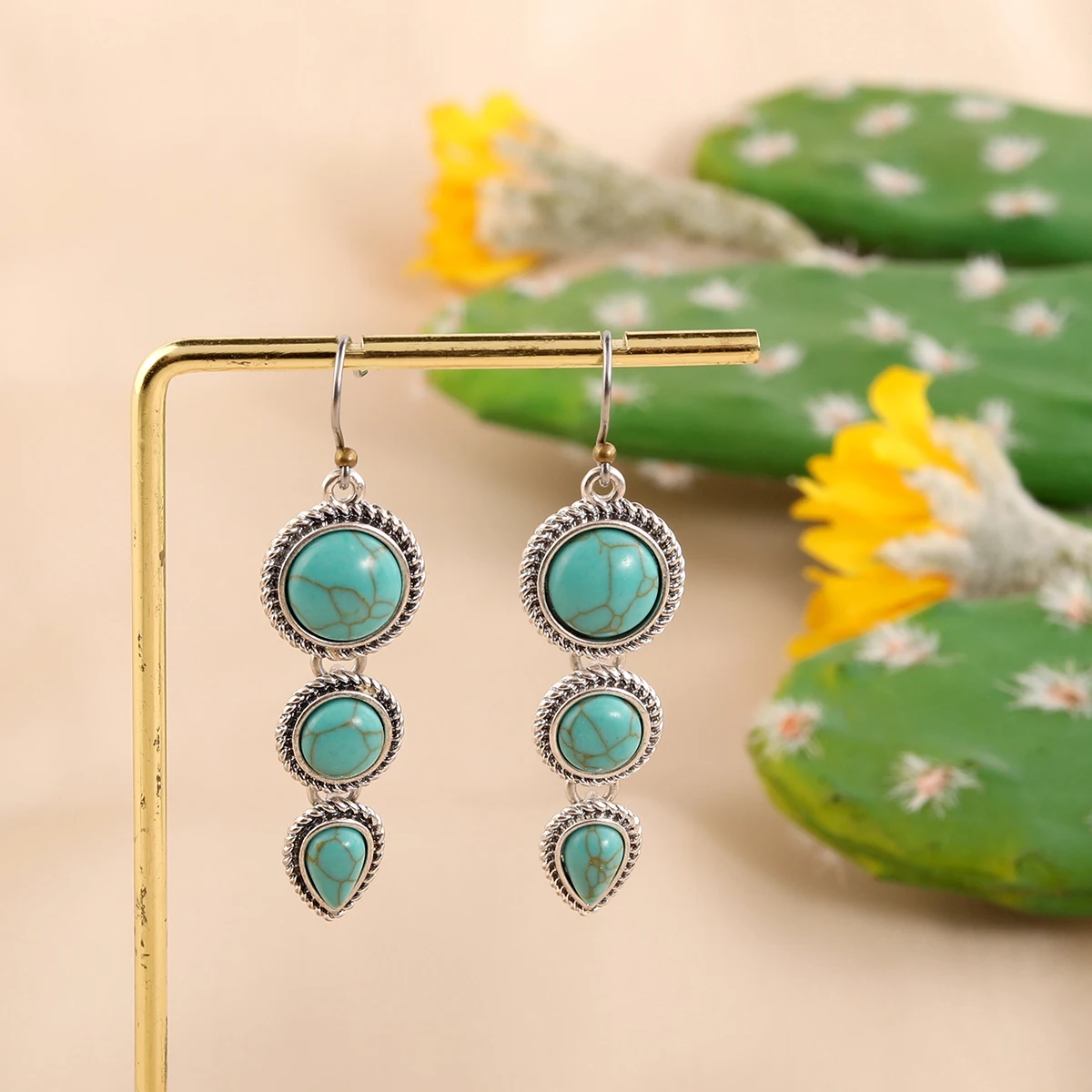 Navajo designs western silver  3-pieces turquoise stone dangle earrings western earrings for women